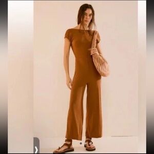 Free People Beach Open Back Jumpsuit Tan Large